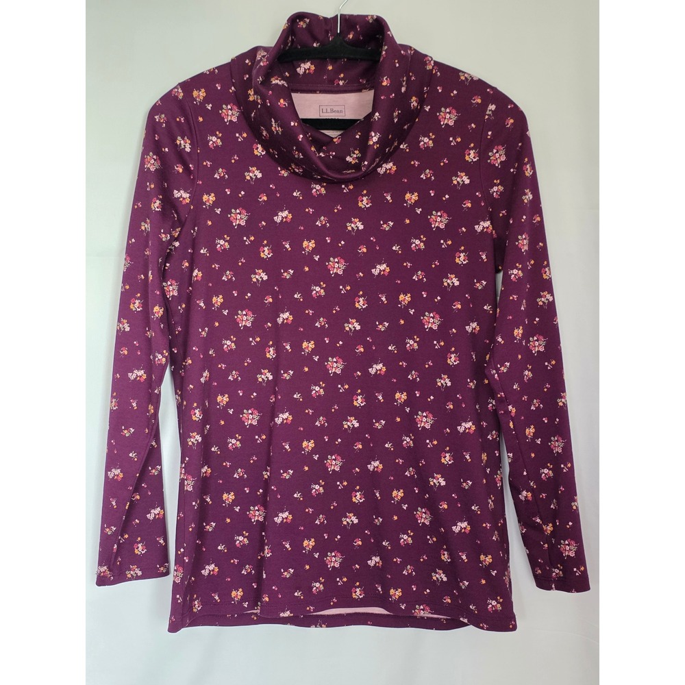 L.L. Bean Women's Plum Purple Floral Supima Cotton Cowl Neck Top M Long Sleeve